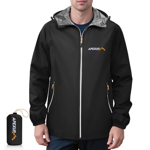 APEXUP Packable Rain Jacket Men, lightweight black hooded rain jacket
