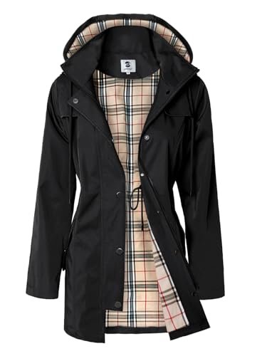 SaphiRose Women's Long Hooded Rain Jacket, black longer raincoat for hiking and travel
