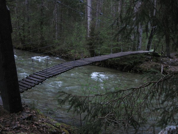 Suspension footbridge at the Canyon City gold rush ruins, Chilkoot Trail