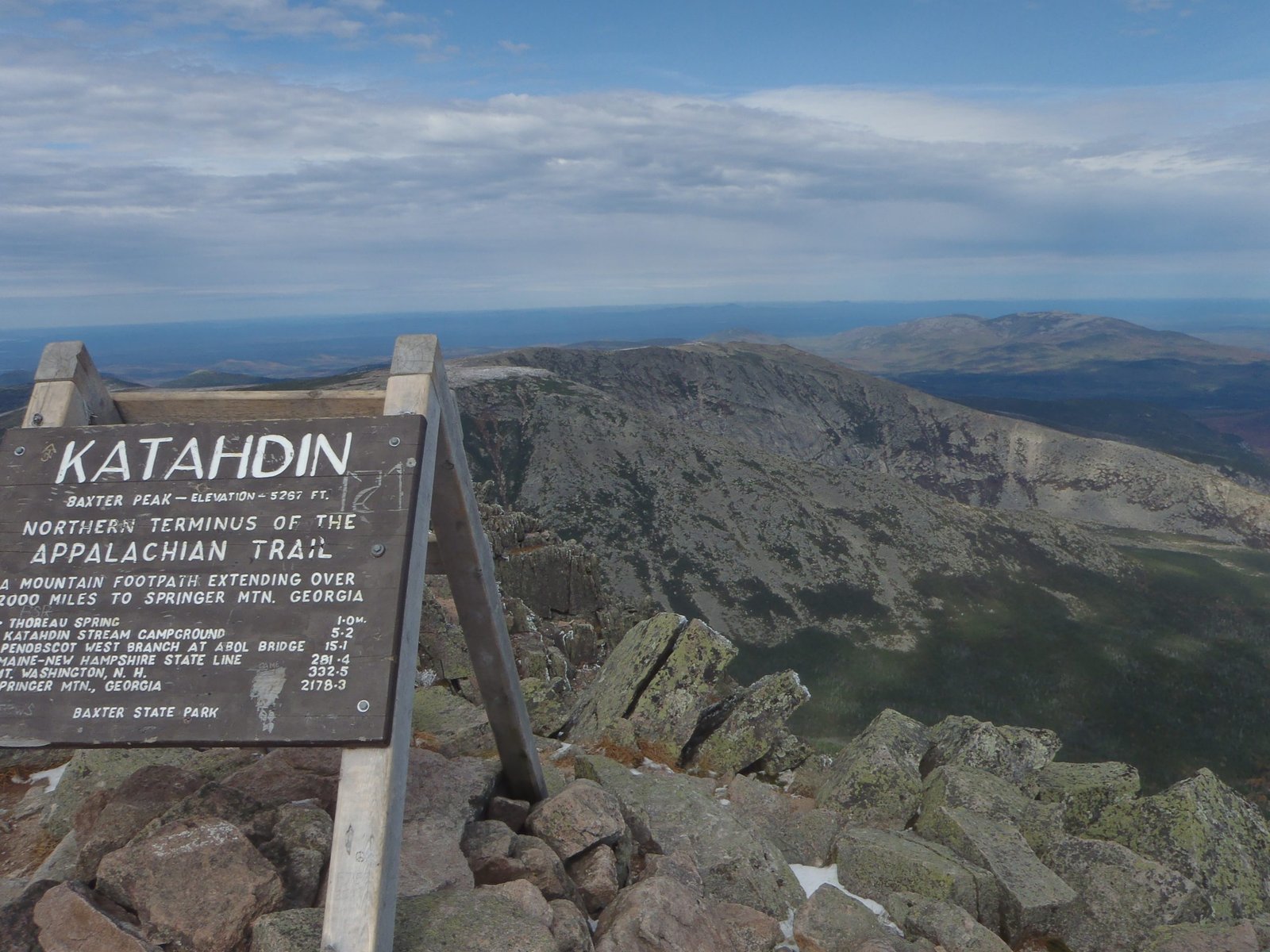 Katahdin Northern Terminus sign, Baxter Peak, end of the Appalachian Trail in Maine