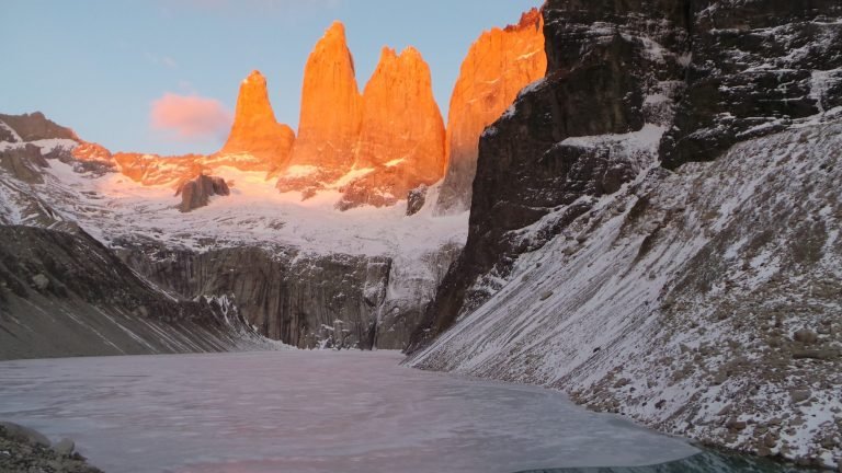 Sunrise light on the granite spires at the Base of the Torres del Paine viewpoint